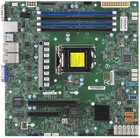 Системная плата SuperMicro. MB Supermicro X11SCH-LN4F-O, 1xLGA 1151, E-2100/2200, C246, 4xDDR4 Up to 128GB Unbuffered ECC/non-ECC UDIMM, 1 PCI-E 3.0 x8 (in x16) and 1 PCI-E 3.0 x8 slots, 8 SATA3 (6Gbps) via C246; RAID 0, 1, 5, 10, 1 VGA, 2 COM, 1 TPM head